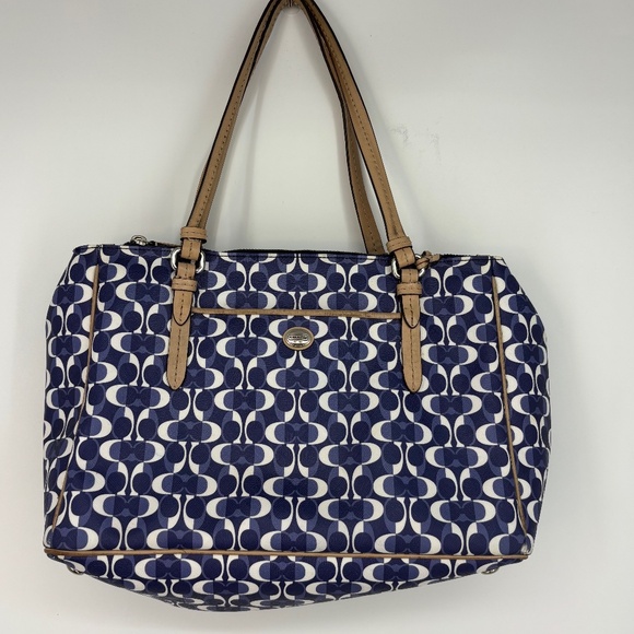 Coach Shoulder Bag Blue White C Logo Beige Leather Handles Trim 3-Compartment - Picture 1 of 16